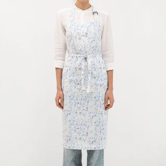 Leinen Kochschürze Blumen in Weiß+Blau Muster Blumen von Linen Tales Größe 100 cm breit+ 98 cm lang
