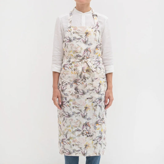 Leinen Kochschürze Blumen in Weiß+Flieder+Gelb Weiß+Lila+Gelb Muster Blumen von Linen Tales Größe 100 cm breit+ 98 cm lang