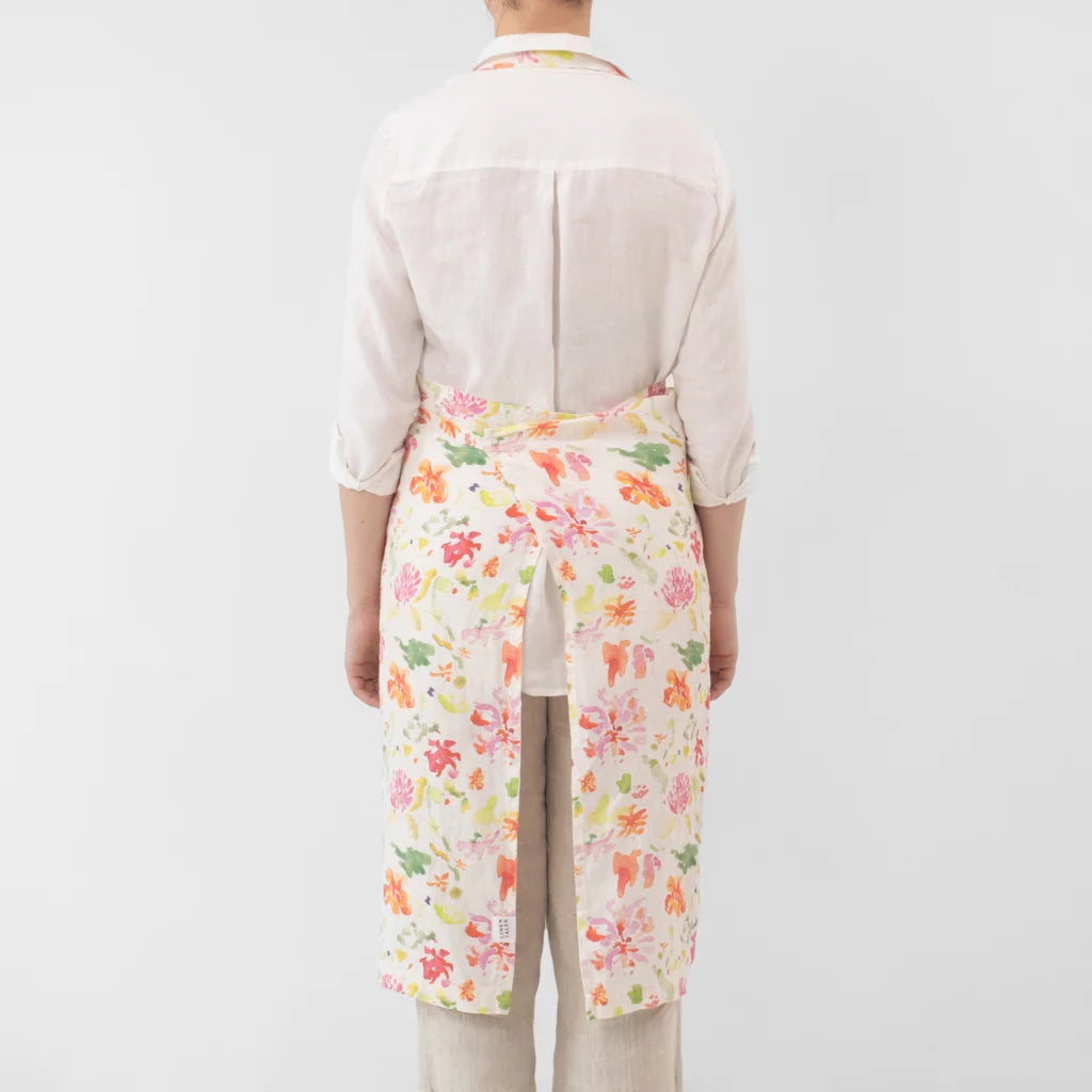 Leinen Kochschürze Blumen in Weiß+Rosa+Orange+Grün Muster Blumen von Linen Tales Größe 100 cm breit+ 98 cm lang