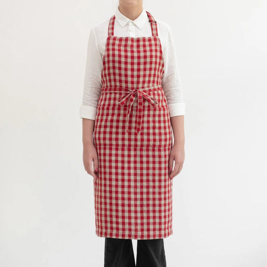Leinen Kochschürze Karo in Rot+Weiß Muster Karo von Linen Tales Größe 100 cm breit+ 98 cm lang