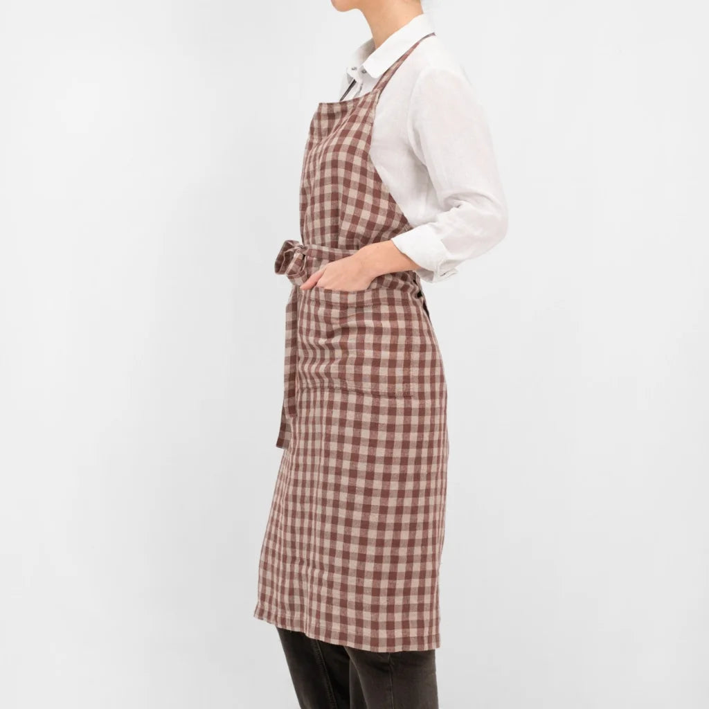 Leinen Kochschürze Karo in Schokolade+Beige Braun+Beige Muster Karo von Linen Tales Größe 100 cm breit+ 98 cm lang