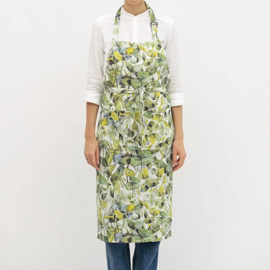 Leinen Kochschürze Lotusblätter in Weiß+Grün Muster Lotusblätter von Linen Tales Größe 100 cm breit+ 98 cm lang