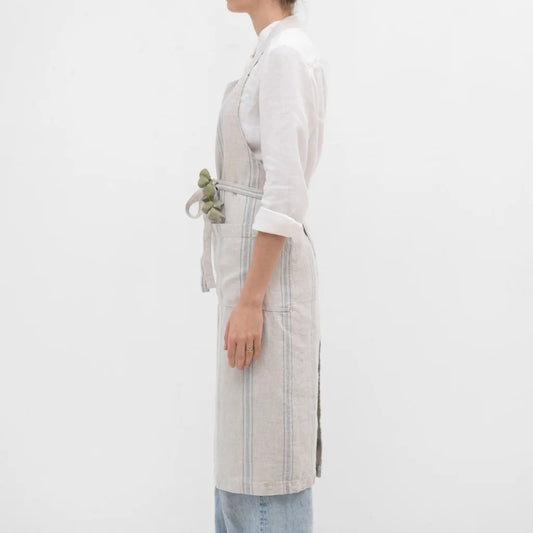 Leinen Kochschürze Streifen in Hellgrau+Blau Grau+Blau Muster Streifen von Linen Tales Größe 100 cm breit+ 98 cm lang