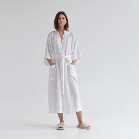 Leinen Morgenmantel in Weiß von Linen Tales Größe L+XL