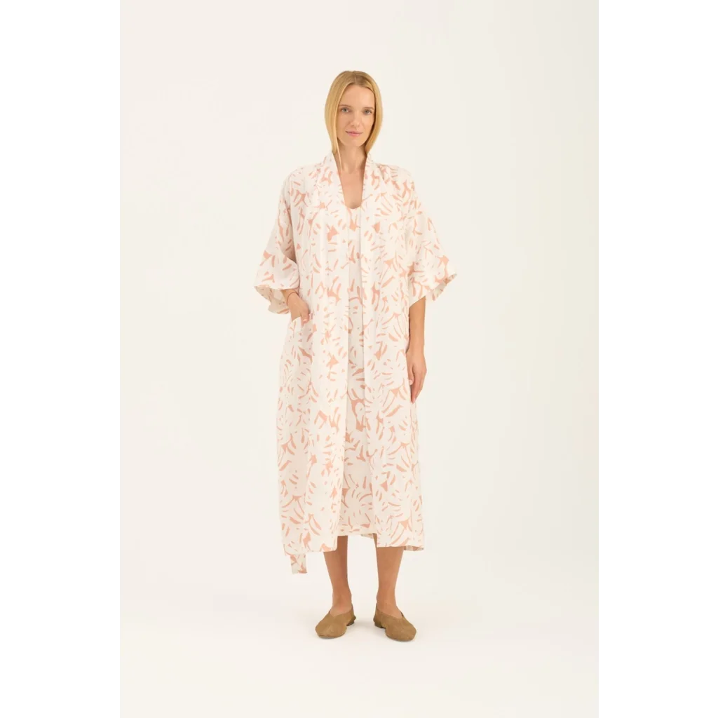 Leinen Morgenmantel Monstera in Weiß+Apricot Weiß+Orange Muster Monstera von Linen Tales Größe S+M