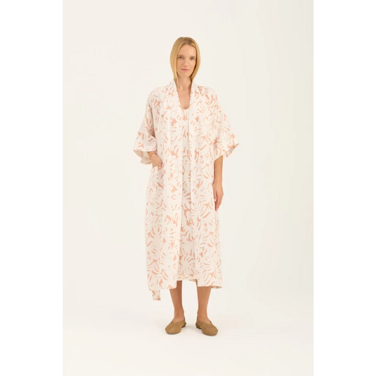Leinen Morgenmantel Monstera in Weiß+Apricot Weiß+Orange Muster Monstera von Linen Tales Größe S+M