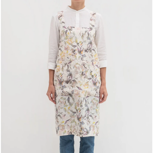 Leinen Pinafore-Schürze Blumen in Weiß+Flieder+Gelb Weiß+Lila+Gelb Muster Blumen von Linen Tales Größe 114 cm breit+ 83 cm lang