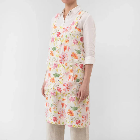 Leinen Pinafore-Schürze Blumen in Weiß+Rosa+Orange+Grün Muster Blumen von Linen Tales Größe 114 cm breit+ 83 cm lang