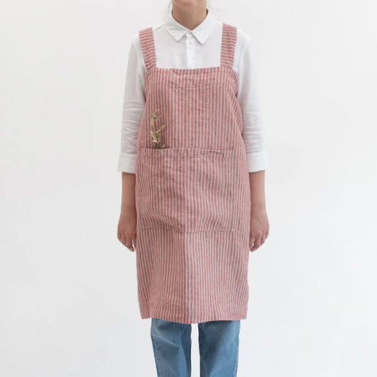 Leinen Pinafore-Schürze Streifen in Rot+Creme Muster Streifen von Linen Tales Größe 114 cm breit+ 83 cm lang