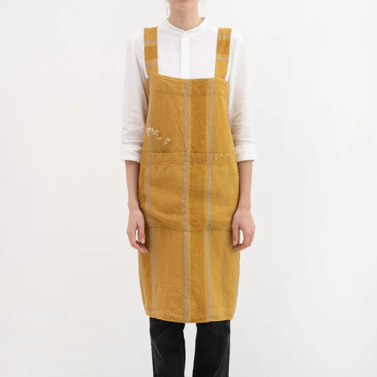 Leinen Pinafore-Schürze Streifen in Senfgelb+Bronze Gelb+Gelb Muster Streifen von Linen Tales Größe 114 cm breit+ 83 cm lang