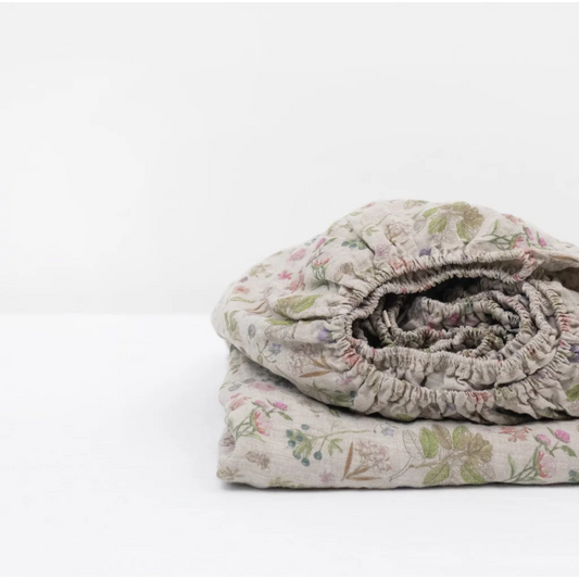 Leinen Spannbettlaken Botanik für Matratzen in Standardgröße - Einzelbett in Creme+Rosa+Grün+Braun Muster Botanik von Linen Tales Größe 90x200 cm