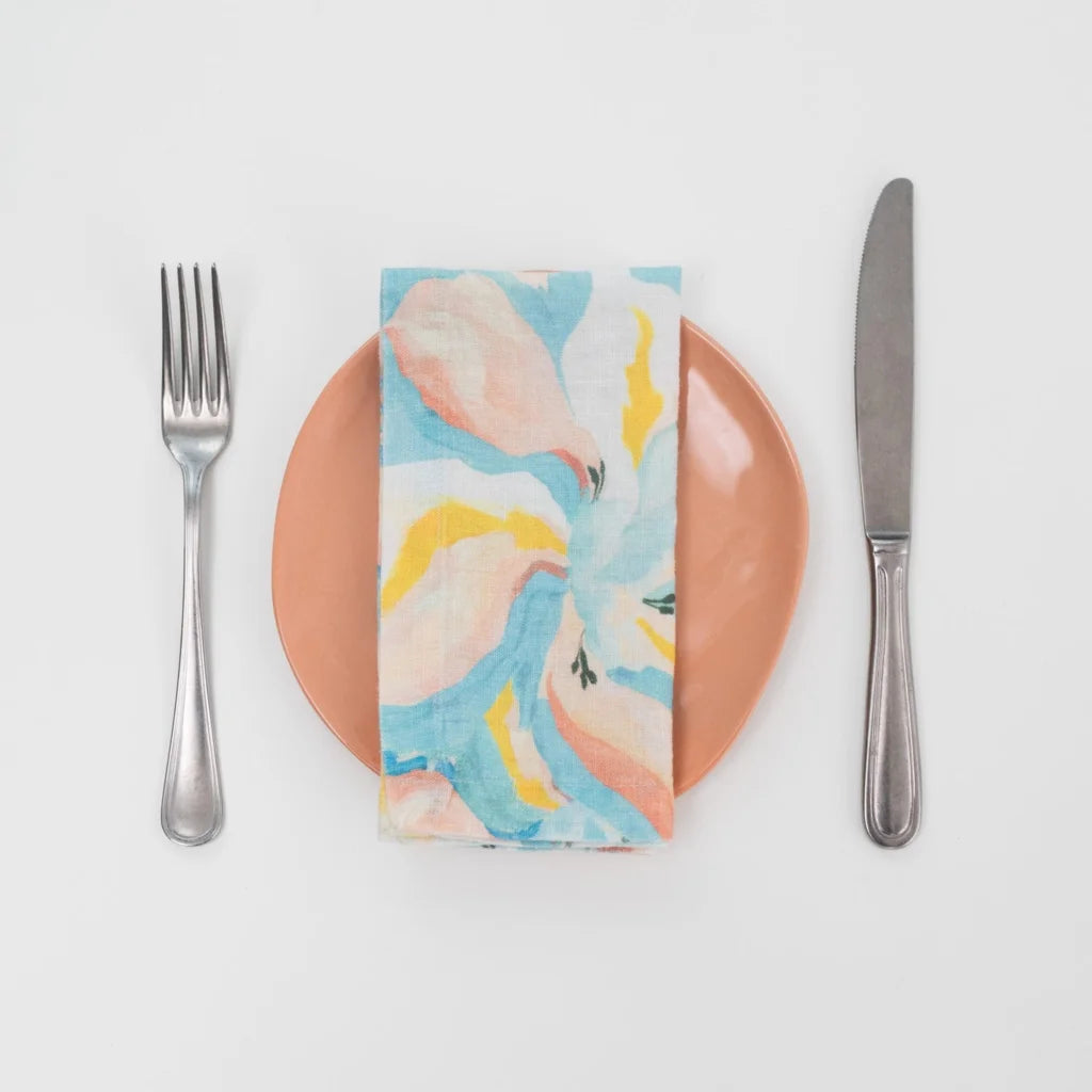 Leinen Stoffserviette Aquarell 2er-Pack in Atlantik+Apricot Blau+Orange Muster Aquarell von Linen Tales Größe 50x50 cm