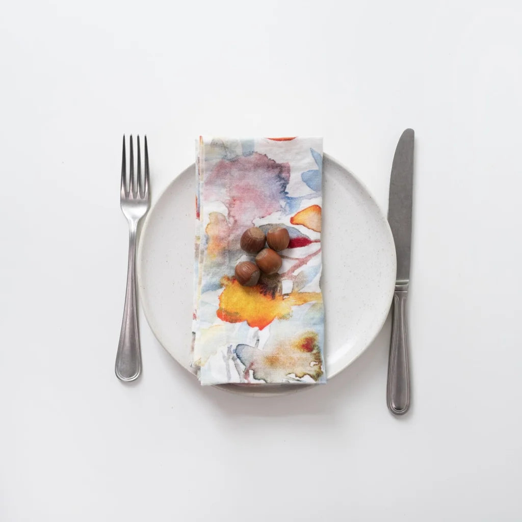 Leinen Stoffserviette Aquarell 2er-Pack in Weiß+Orange Muster Aquarell von Linen Tales Größe 55x55 cm