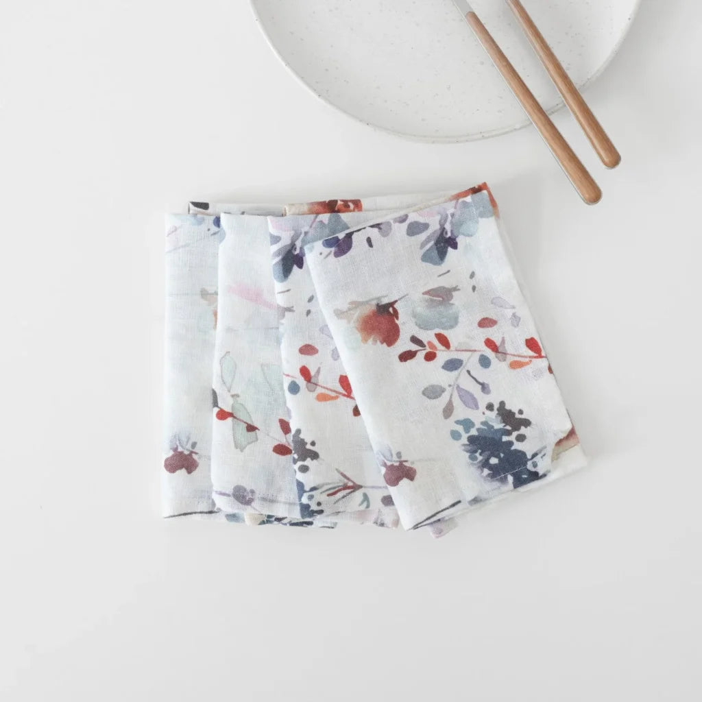 Leinen Stoffserviette Blumen 2er-Pack in Weiß+Lila+Orange Muster Blumen von Linen Tales Größe 40x40 cm