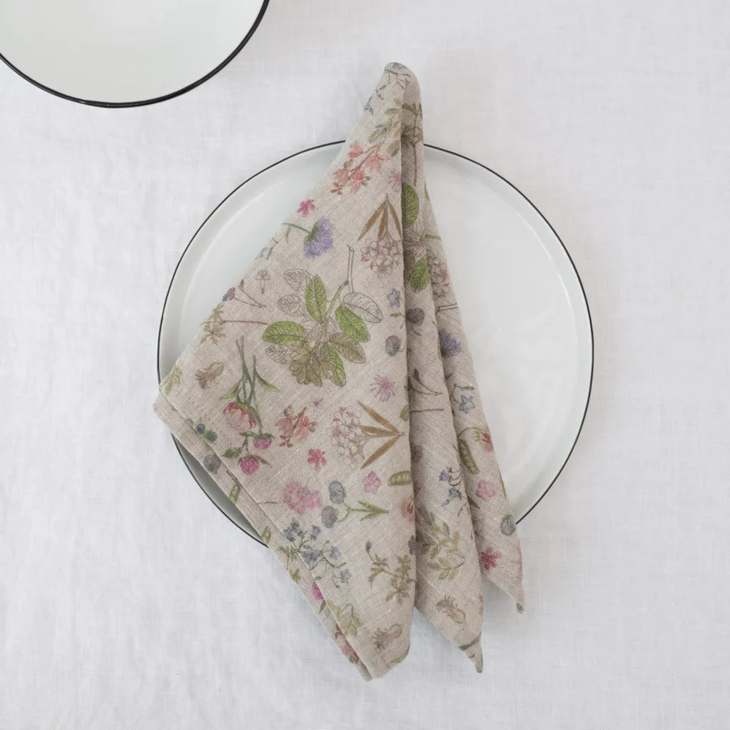 Leinen Stoffserviette Botanik 2er-Pack in Creme+Rosa+Grün+Braun Muster Botanik von Linen Tales Größe 40x40 cm