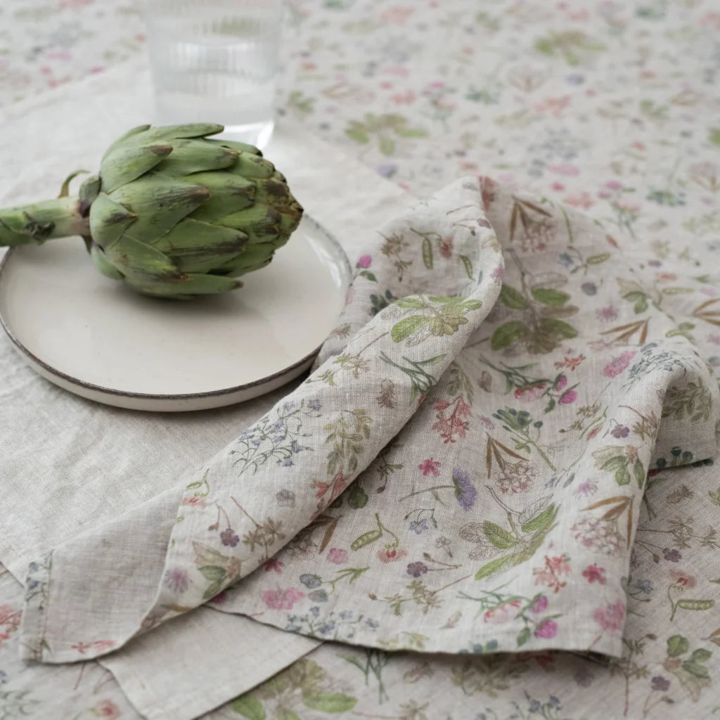 Leinen Stoffserviette Botanik 2er-Pack in Creme+Rosa+Grün+Braun Muster Botanik von Linen Tales Größe 40x40 cm