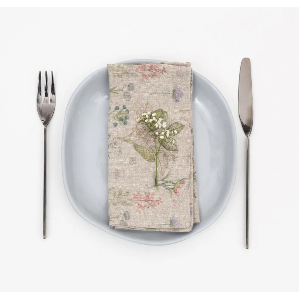 Leinen Stoffserviette Botanik 2er-Pack in Creme+Rosa+Grün+Braun Muster Botanik von Linen Tales Größe 40x40 cm