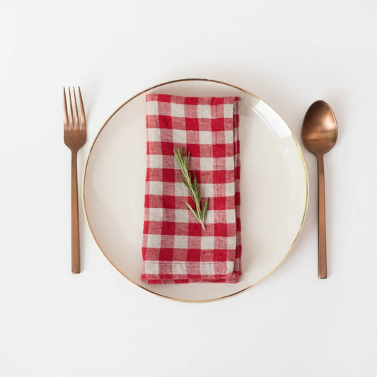 Leinen Stoffserviette Karo 2er-Pack in Rot+Beige Muster Karo von Linen Tales Größe 45x45 cm