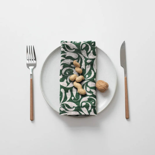 Leinen Stoffserviette Ranke 2er-Pack in Grün+Beige Muster Ranke von Linen Tales Größe 40x40 cm
