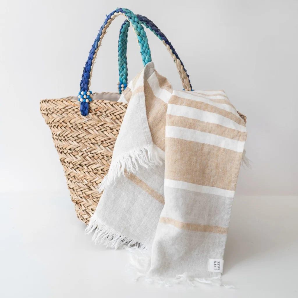 Leinen Strandtuch Streifen mit Fransen in Weiß+Stein+Beige Weiß+Grau+Beige Muster Streifen von Linen Tales Größe 85x140 cm