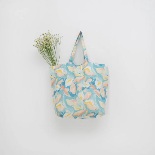 Leinen Tasche Aquarell in Atlantik+Apricot Blau+Orange Muster Aquarell von Linen Tales Größe 54 cm breit+ 60 cm lang