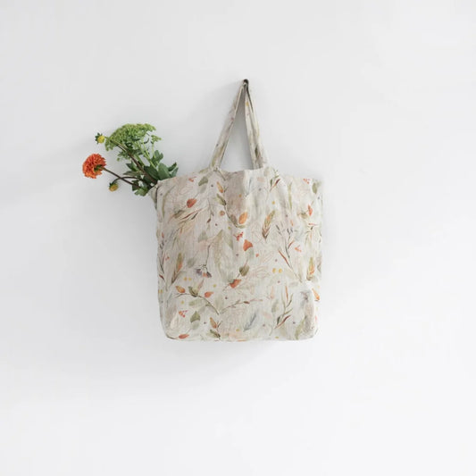 Leinen Tasche Blätter in Creme+Braun Muster Blätter von Linen Tales Größe 54 cm breit+ 60 cm lang