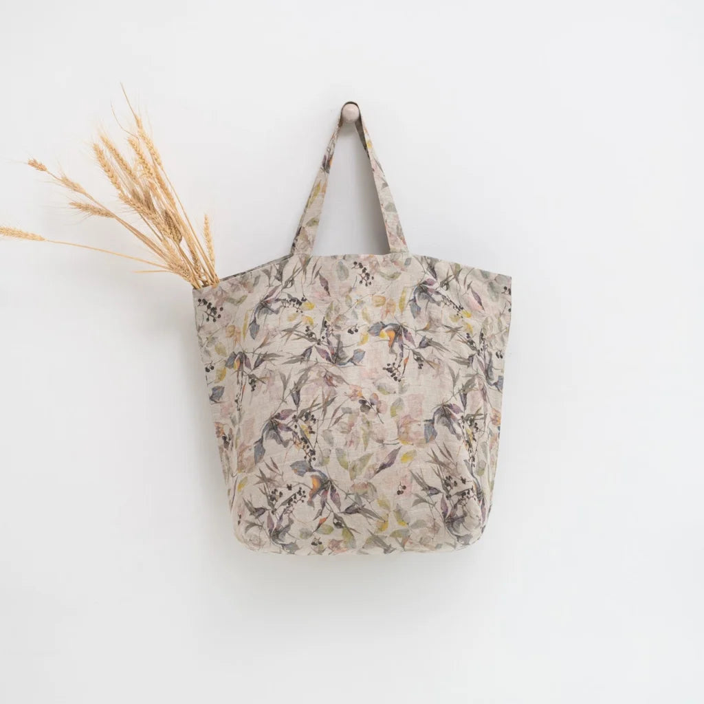 Leinen Tasche Blumen in Creme+Flieder+Gelb Creme+Lila+Gelb Muster Blumen von Linen Tales Größe 54 cm breit+ 60 cm lang