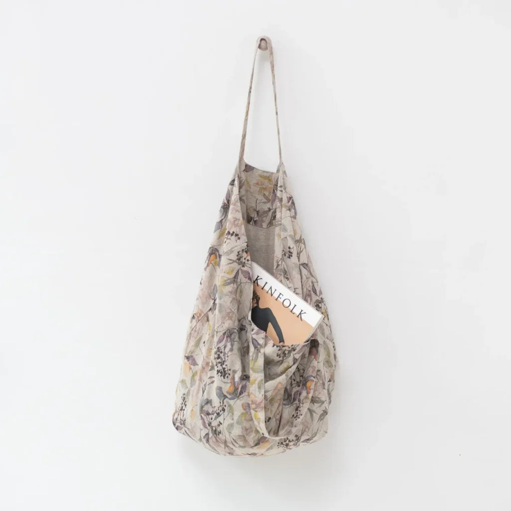 Leinen Tasche Blumen in Creme+Flieder+Gelb Creme+Lila+Gelb Muster Blumen von Linen Tales Größe 54 cm breit+ 60 cm lang