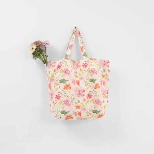 Leinen Tasche Blumen in Weiß+Rosa+Orange+Grün Muster Blumen von Linen Tales Größe 54 cm breit+ 60 cm lang