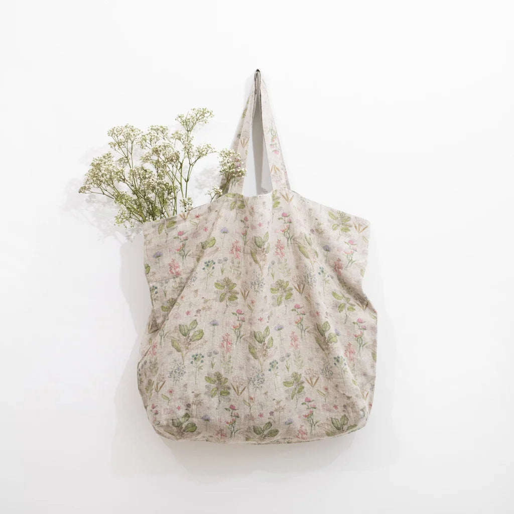 Leinen Tasche Botanik in Creme+Rosa+Grün+Braun Muster Botanik von Linen Tales Größe 54 cm breit+ 60 cm lang