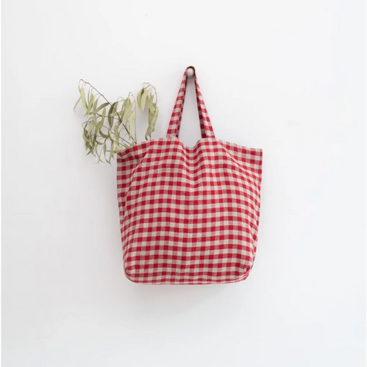 Leinen Tasche Karo in Rot+Beige Muster Karo von Linen Tales Größe 54 cm breit+ 60 cm lang