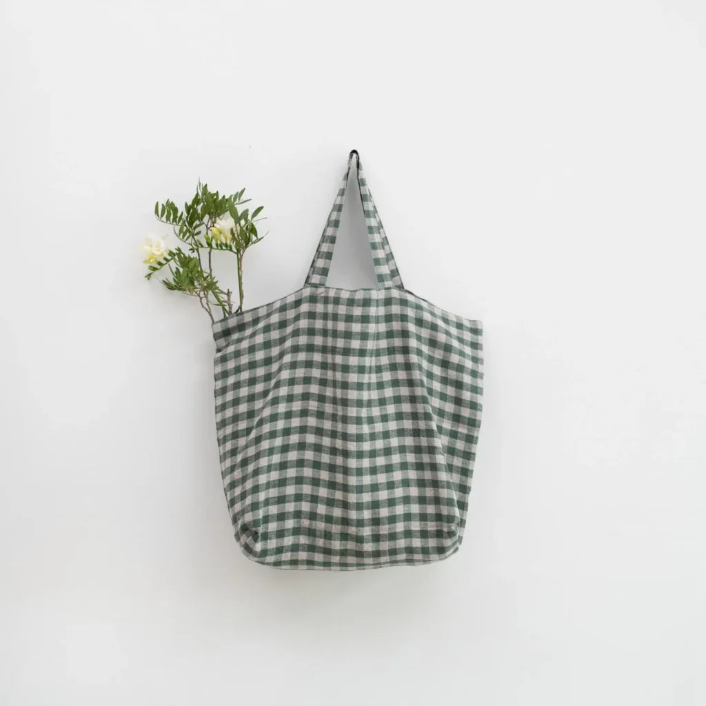 Leinen Tasche Karo in Waldgrün+Beige Grün+Beige Muster Karo von Linen Tales Größe 54 cm breit+ 60 cm lang