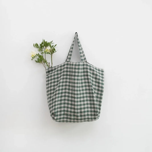 Leinen Tasche Karo in Waldgrün+Beige Grün+Beige Muster Karo von Linen Tales Größe 54 cm breit+ 60 cm lang