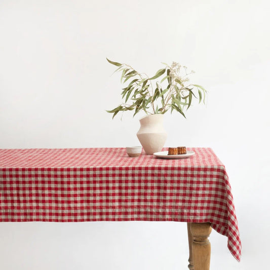 Leinen Tischdecke Karo in Rot+Beige Muster Karo von Linen Tales Größe 140x140 cm