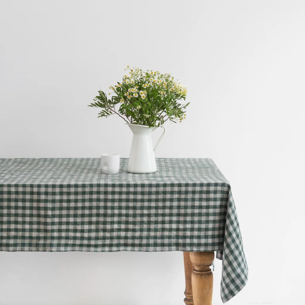 Leinen Tischdecke Karo in Waldgrün+Beige Grün+Beige Muster Karo von Linen Tales Größe 140x350 cm