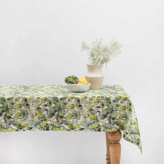Leinen Tischdecke Lotusblätter in Weiß+Grün Muster Lotusblätter von Linen Tales Größe 140x200 cm