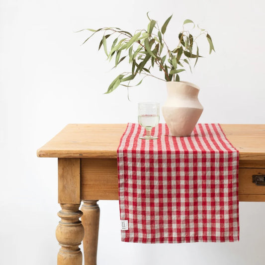 Leinen Tischläufer Karo in Rot+Beige Muster Karo von Linen Tales Größe 40x150 cm