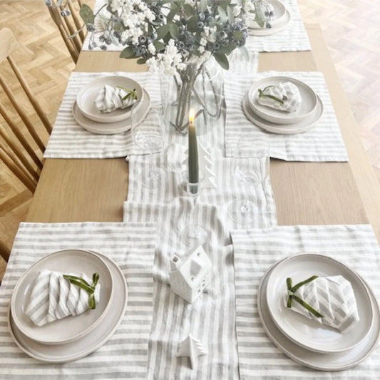 Leinen Tischläufer Streifen in Creme+Beige Muster Streifen von Linen Tales Größe 40x150 cm