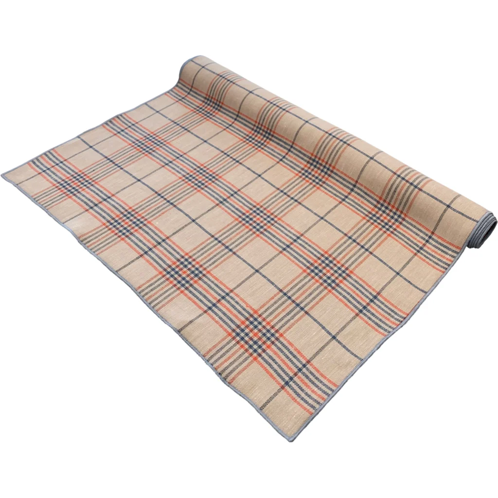 Leinen Tischläufer ULA in Beige+Rot+Blau Muster Karo von Erika Vaitkute Größe 47x145 cm
