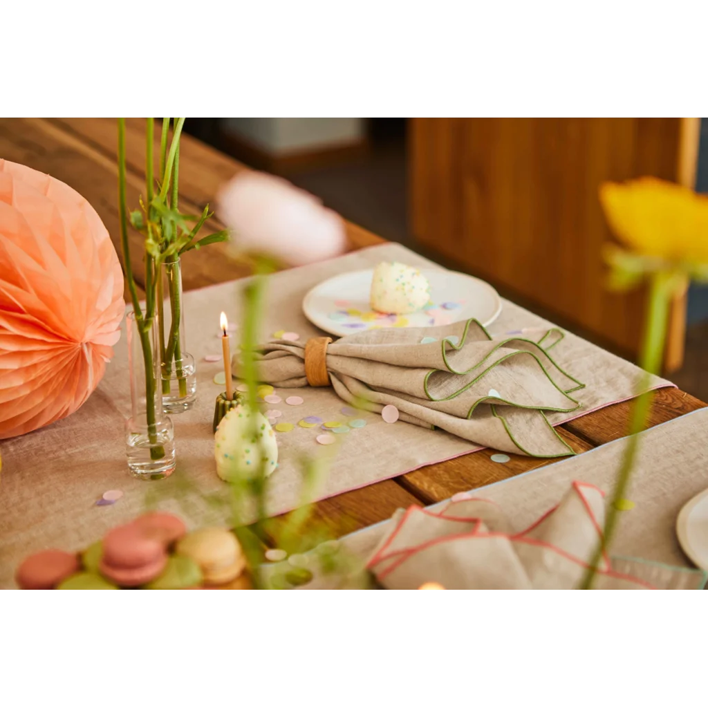 Leinen Tischläufer VILNIA beige mit bunter Umkettelung in Beige+Koralle Beige+Orange von Erika Vaitkute Größe 47x147 cm
