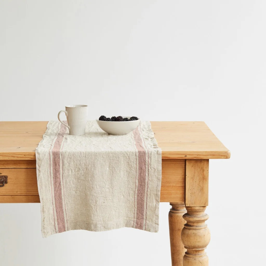 Leinen Tischläufer Vintage in Creme+Beige Muster Streifen von Linen Tales Größe 40x150 cm