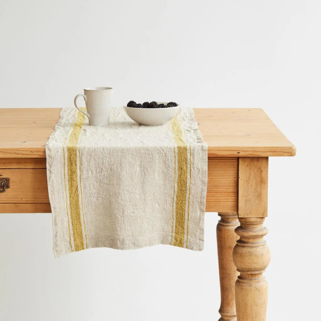 Leinen Tischläufer Vintage in Creme+Senfgelb Creme+Gelb Muster Streifen von Linen Tales Größe 40x200 cm