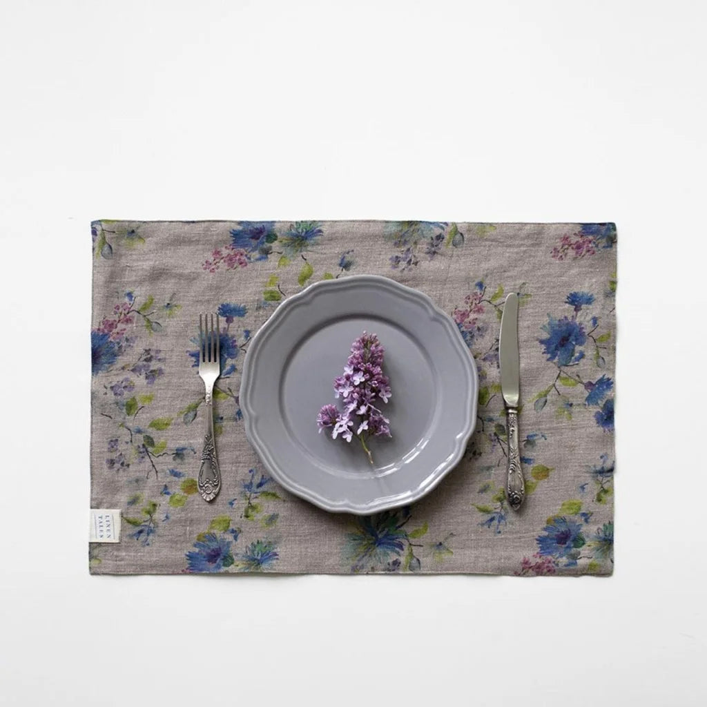 Leinen Tischset Blumen 2er-Pack in Creme+Blau Muster Blumen von Linen Tales Größe 35x45 cm