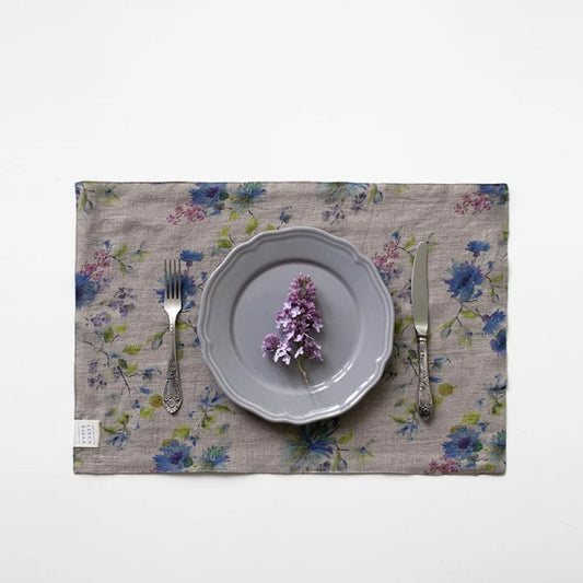 Leinen Tischset Blumen 2er-Pack in Creme+Blau Muster Blumen von Linen Tales Größe 45x35 cm