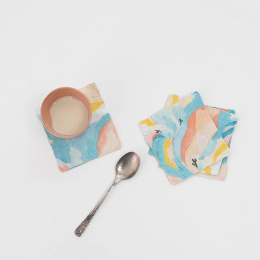 Leinen Untersetzer Aquarell 4er-Pack in Atlantik+Apricot Blau+Orange Muster Aquarell von Linen Tales Größe 10x10 cm