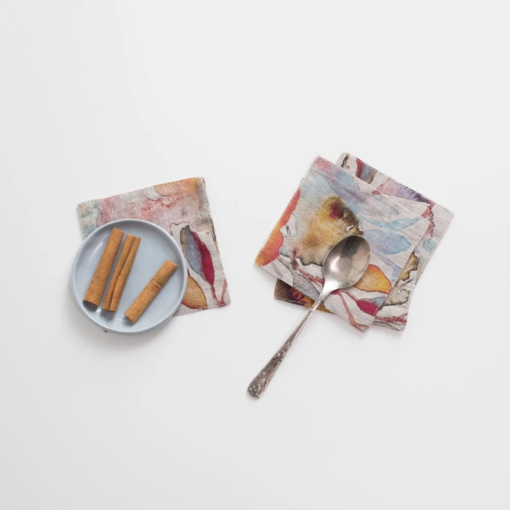 Leinen Untersetzer Aquarell 4er-Pack in Creme+Orange Muster Aquarell von Linen Tales Größe 10x10 cm