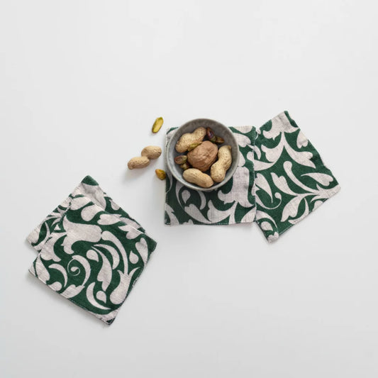 Leinen Untersetzer Ranke 4er-Pack in Grün+Beige Muster Ranke von Linen Tales Größe 10x10 cm