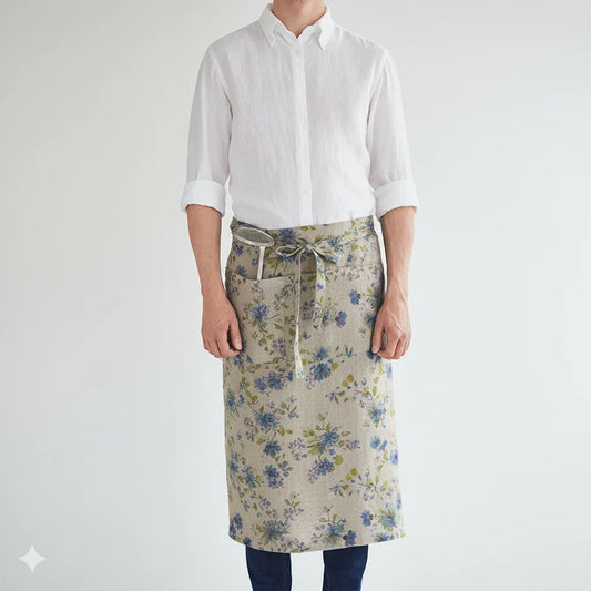Leinen Vorbinder Blumen in Creme+Blau Muster Blumen von Linen Tales Größe 105 cm breit+ 78 cm lang