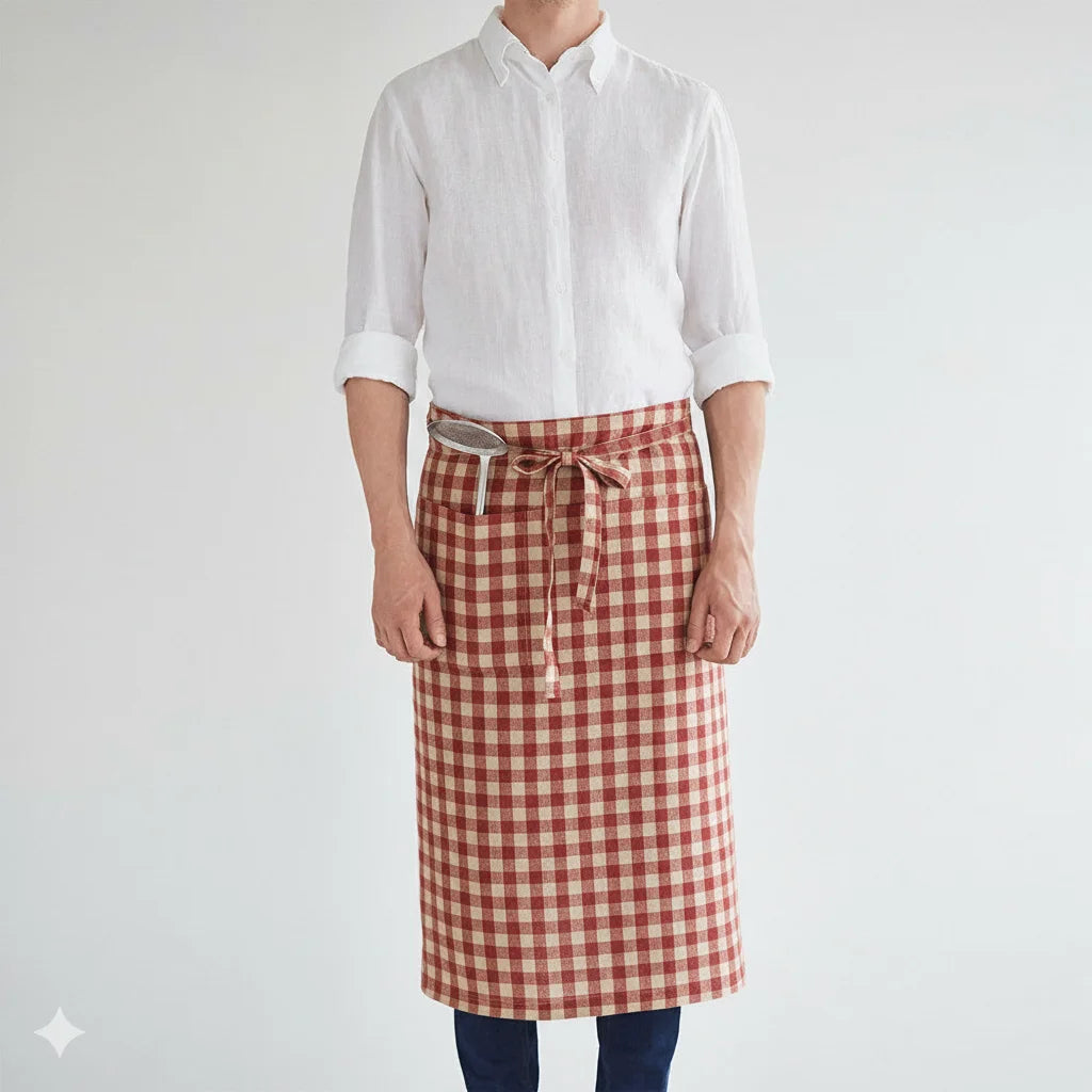 Leinen Vorbinder Karo in Rot+Beige Muster Karo von Linen Tales Größe 105 cm breit+ 78 cm lang