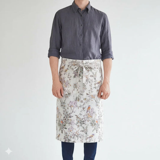 Leinen Vorbinder Vögel in Weiß+Flieder+Grün Weiß+Lila+Grün Muster Vögel von Linen Tales Größe 105 cm breit+ 78 cm lang